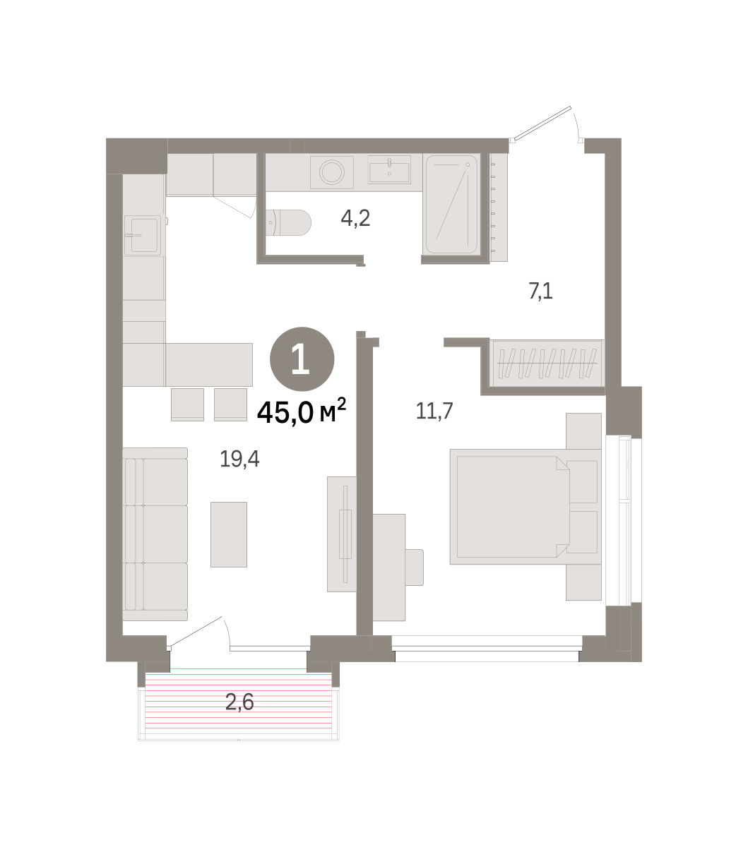 1 комн. Квартира 45 кв. м