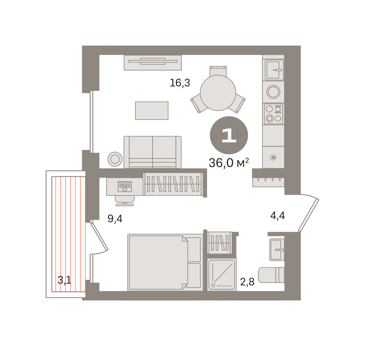 1 комн. Квартира 36 кв. м