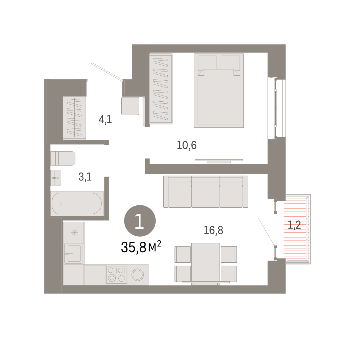 1 комн. Квартира 35.8 кв. м