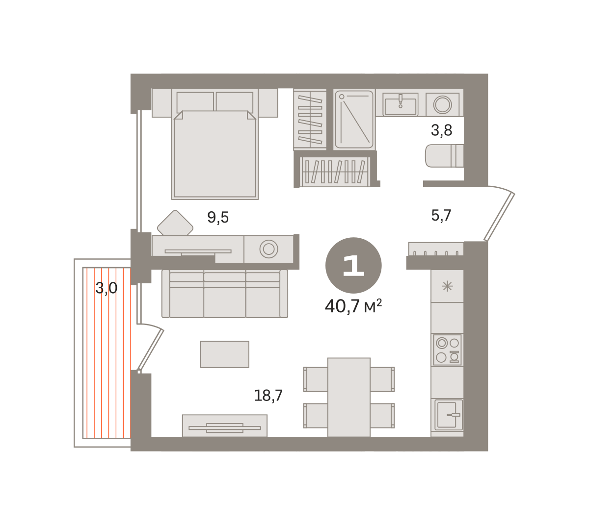 1 комн. Квартира 40.7 кв. м