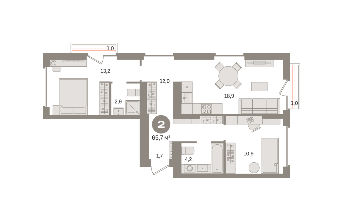 2 комн. Квартира 65.7 кв. м
