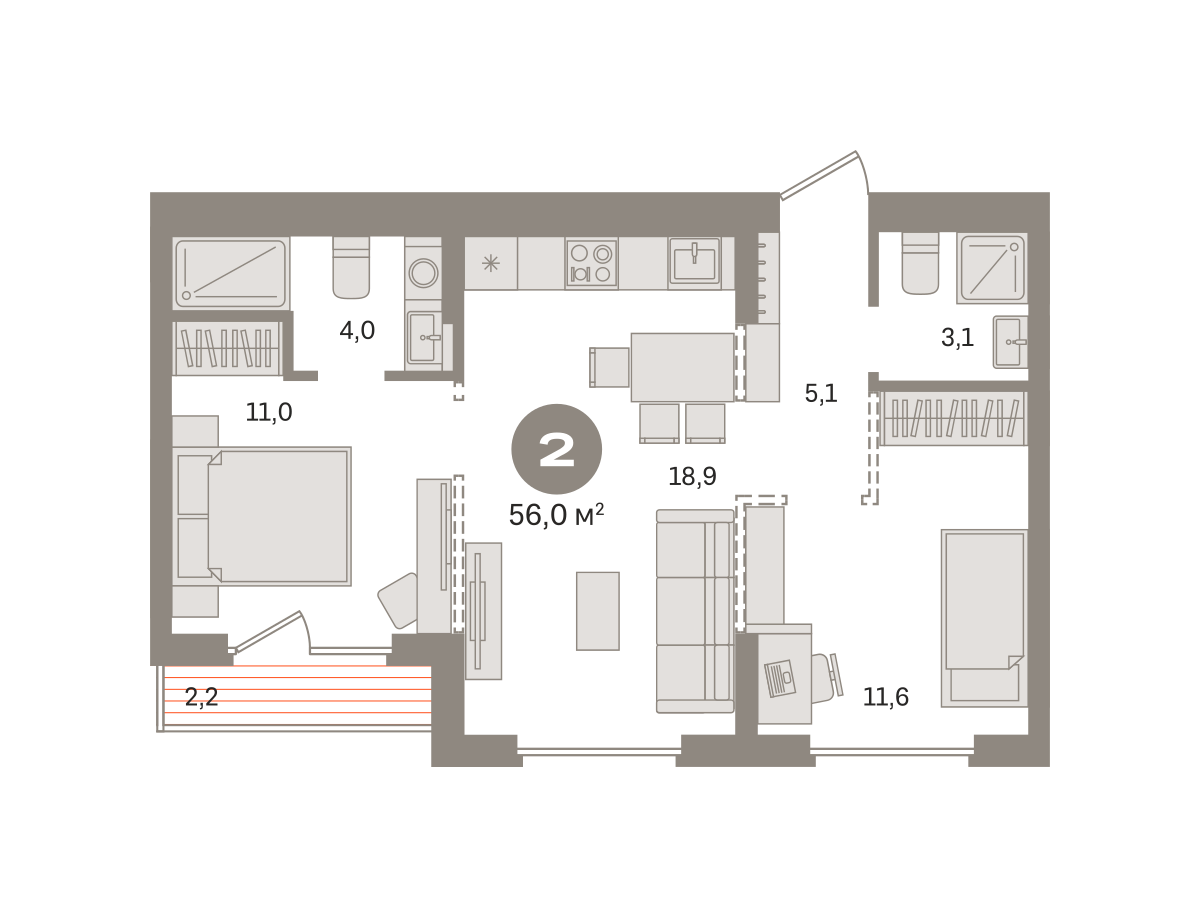 2 комн. Квартира 56 кв. м
