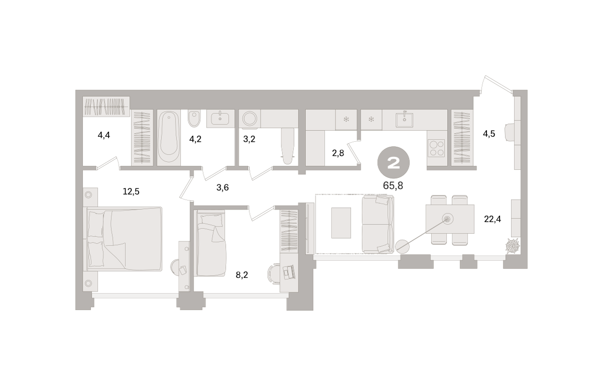 2 комн. Квартира 65.8 кв. м