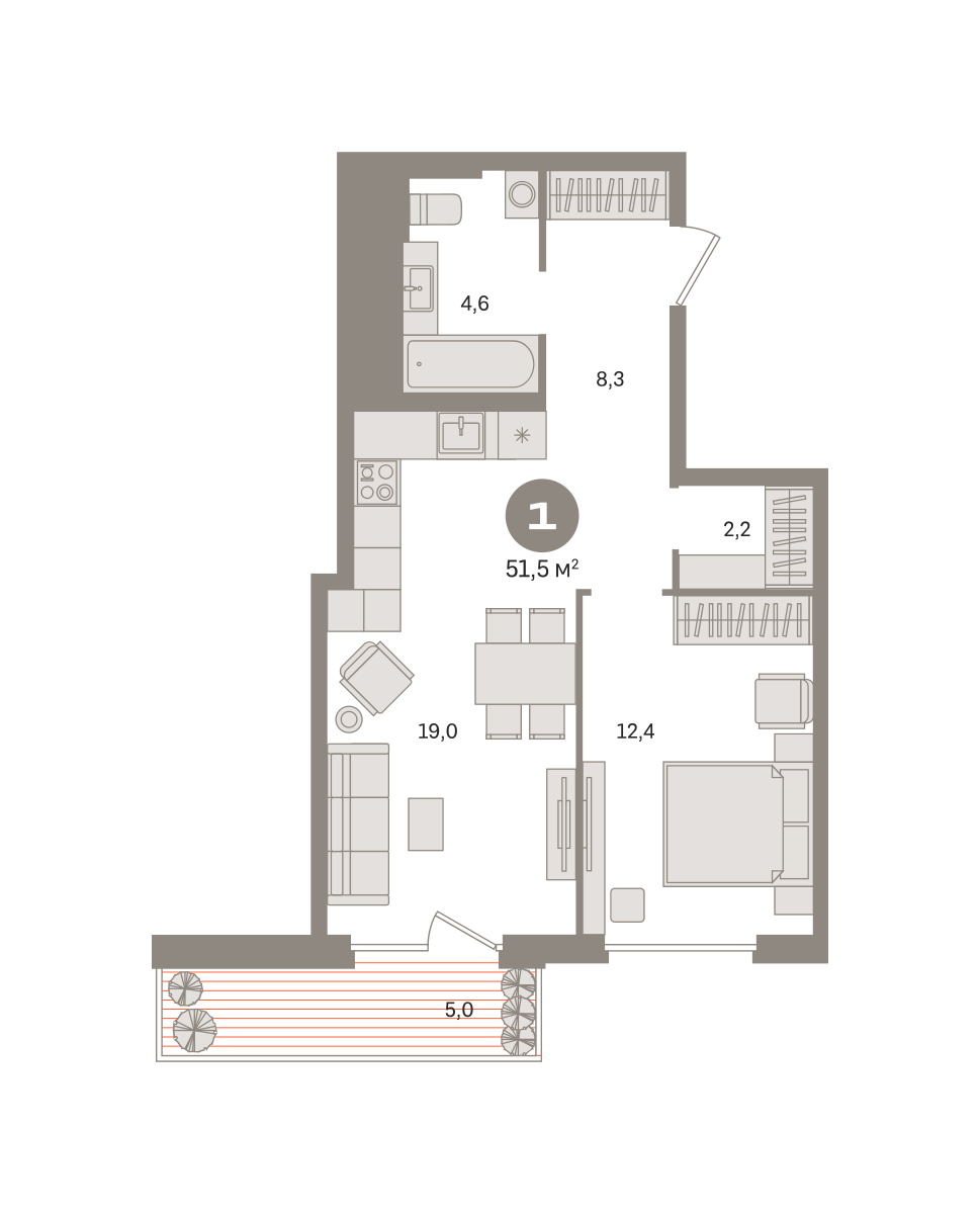 1 комн. Квартира 51.5 кв. м