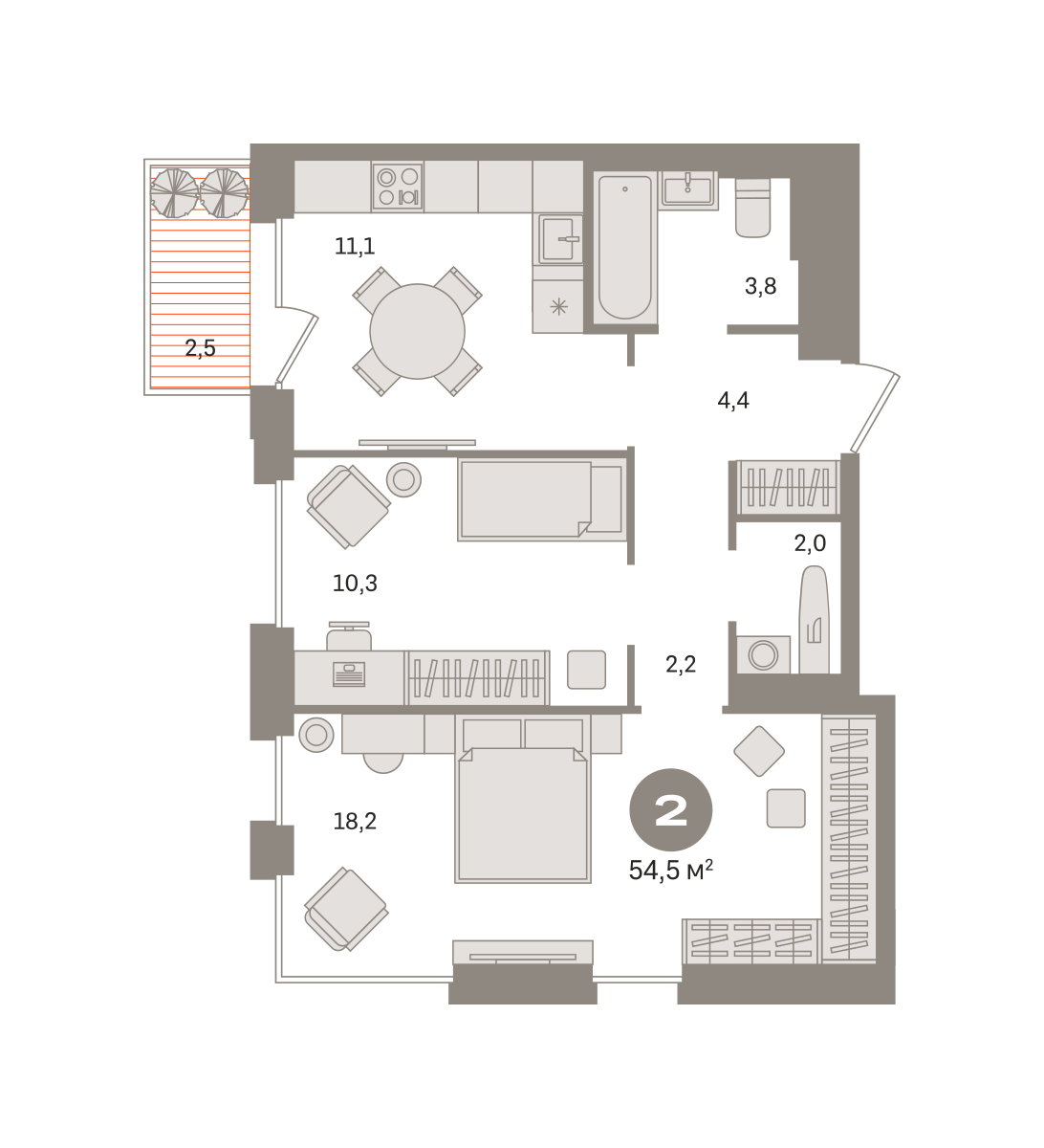 2 комн. Квартира 54.5 кв. м