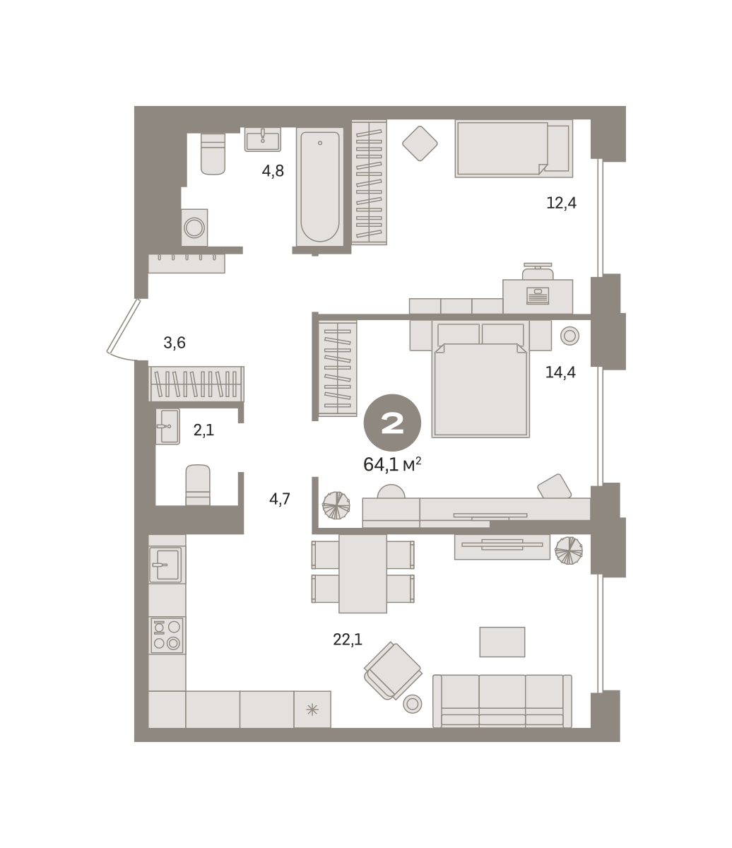 2 комн. Квартира 64.1 кв. м