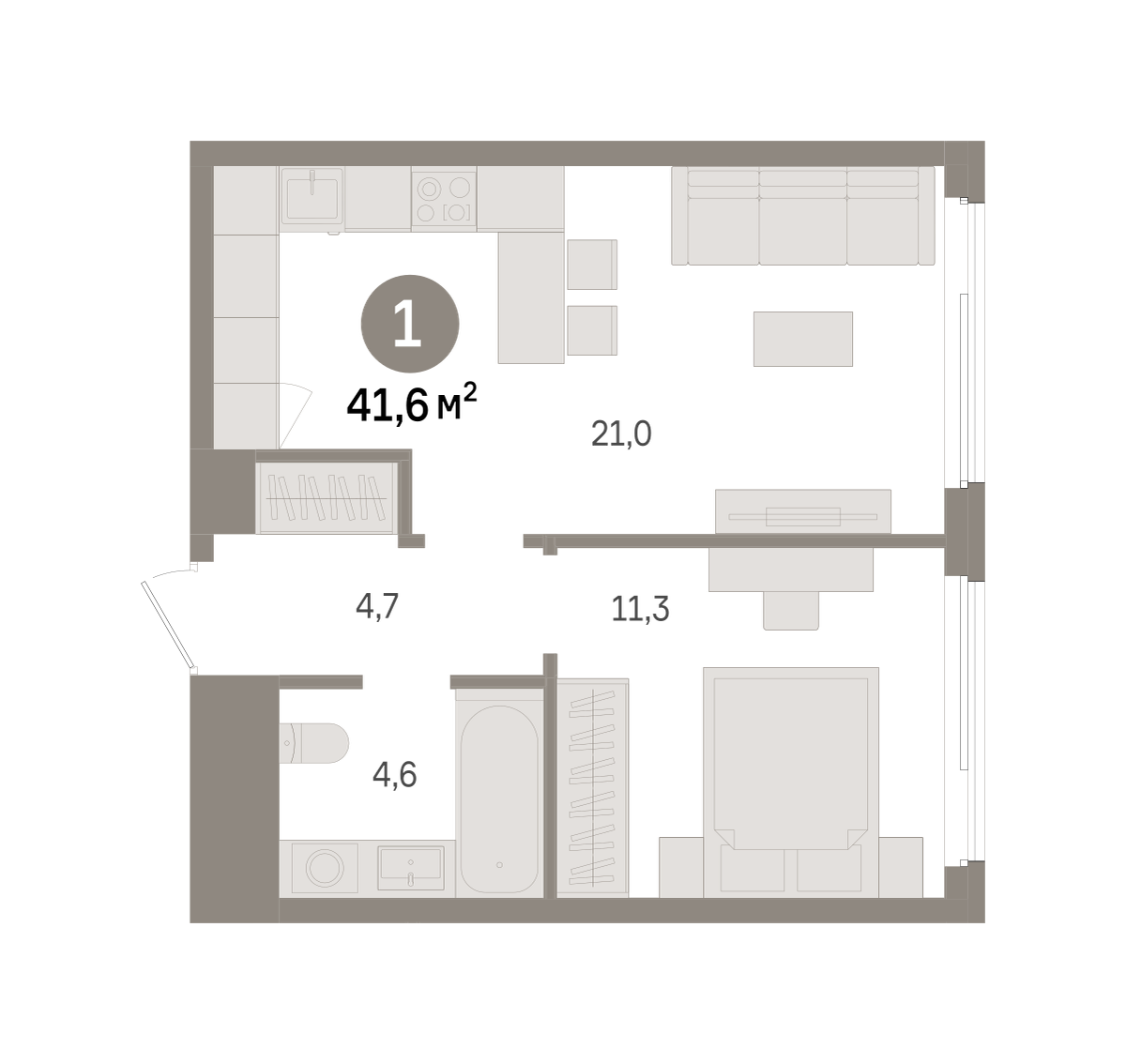 1 комн. Квартира 41.6 кв. м