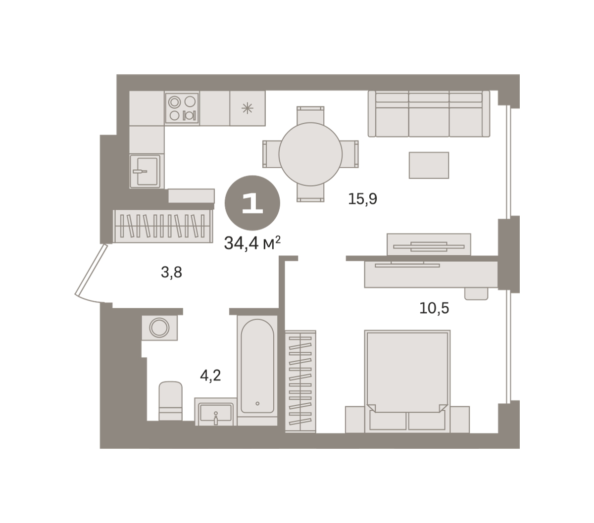 1 комн. Квартира 34.4 кв. м