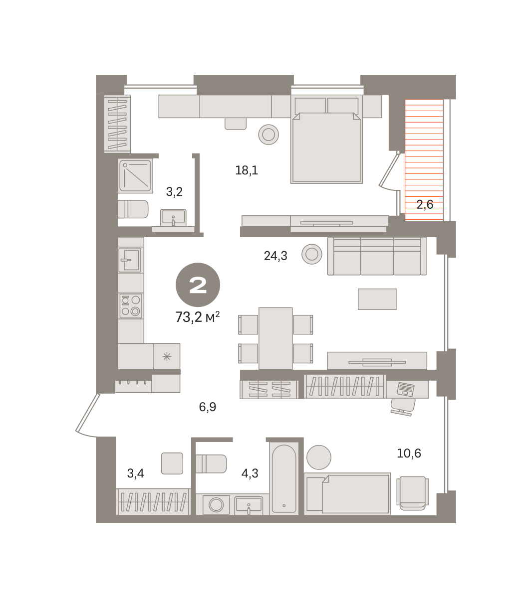 2 комн. Квартира 73.2 кв. м