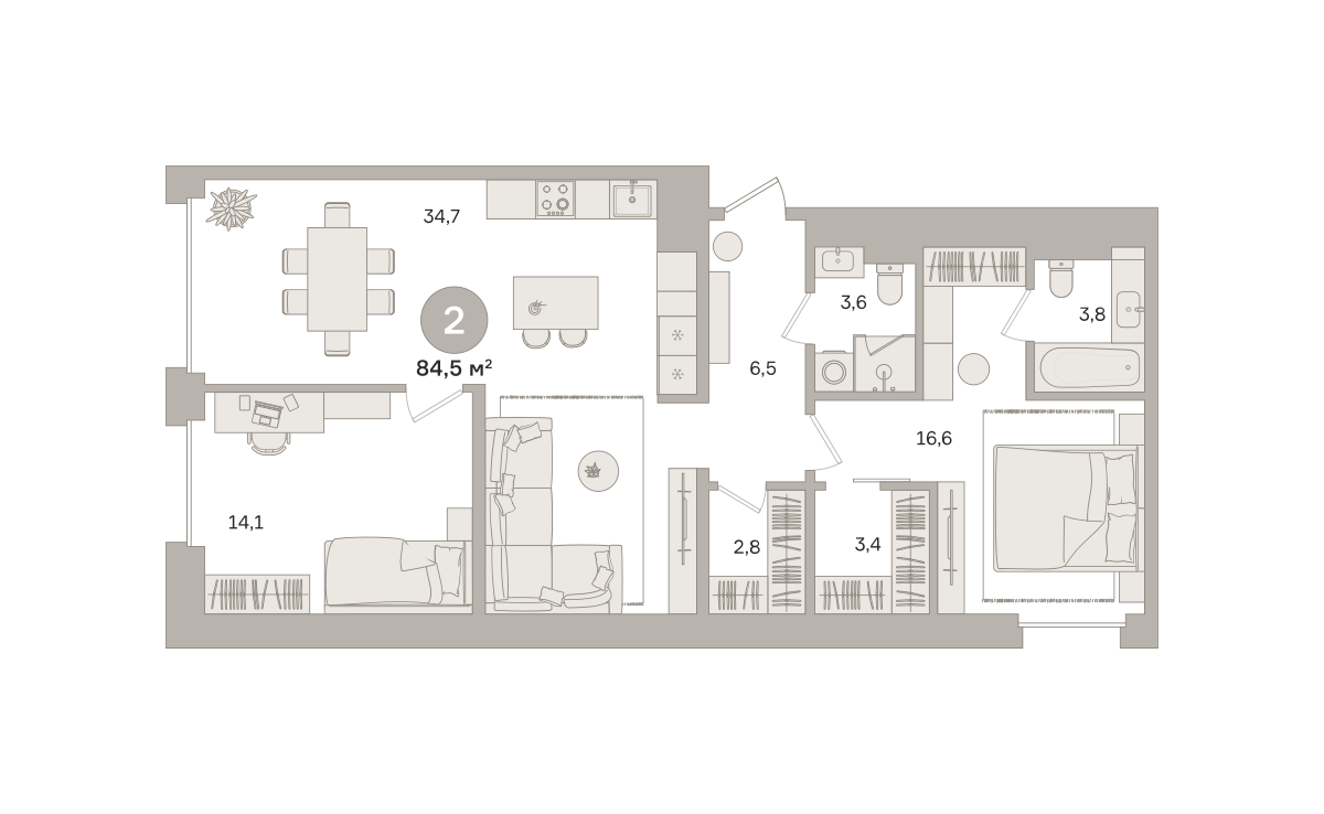 2 комн. Квартира 84.5 кв. м