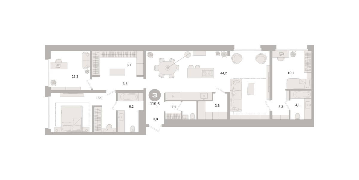 3 комн. Квартира 119.6 кв. м