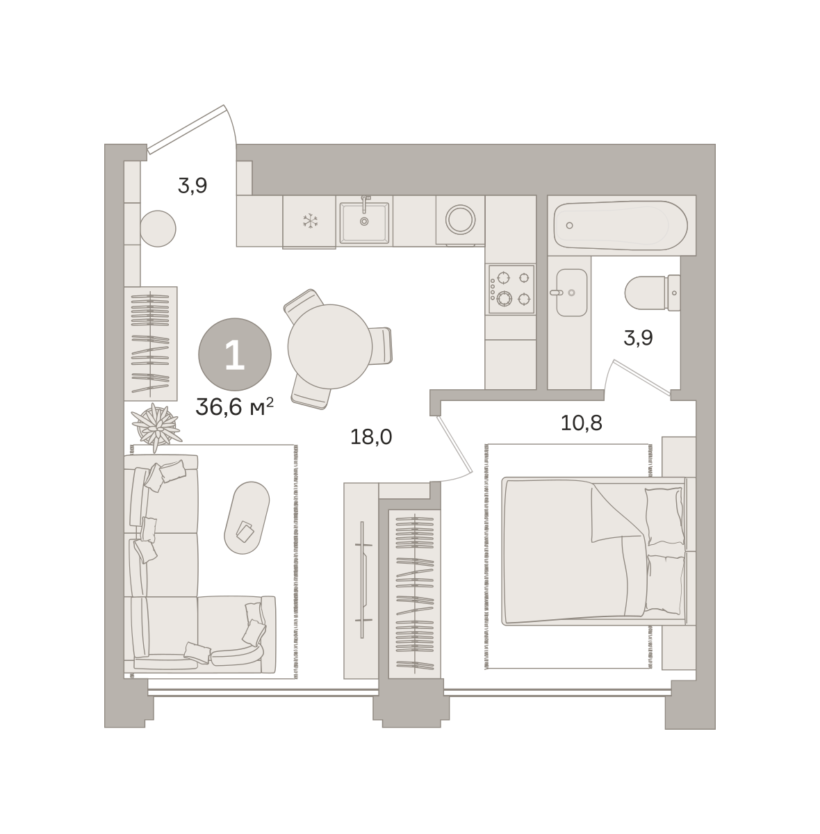1 комн. Квартира 36.6 кв. м