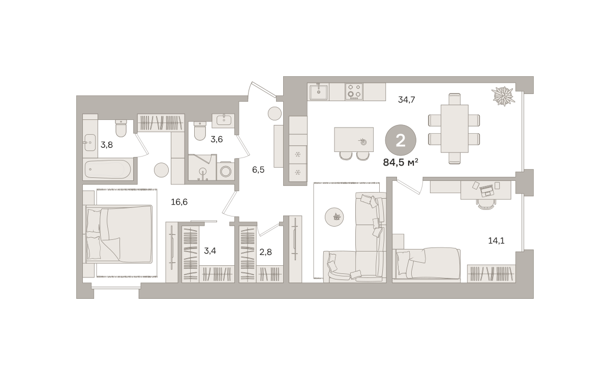 2 комн. Квартира 84.5 кв. м
